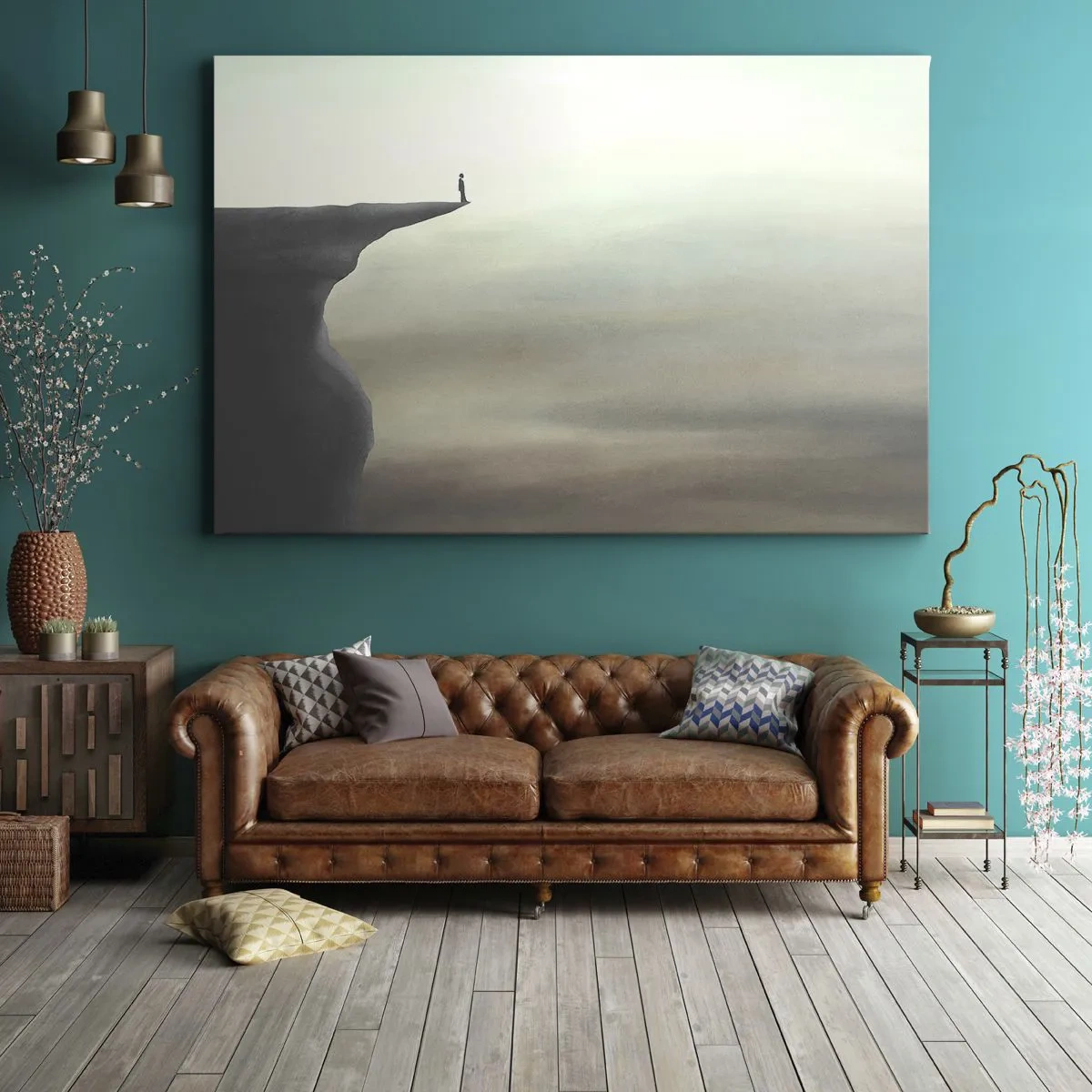 Bild auf Leinwand - Leinwandbild - Silhouette einer Figur am Rand einer Klippe in einer nebligen Landschaft - 120x80cm - Nach oben, natürlich! - Moderne Wanddekoration für Wohnzimmer und Schlafzimmer ARTTOR