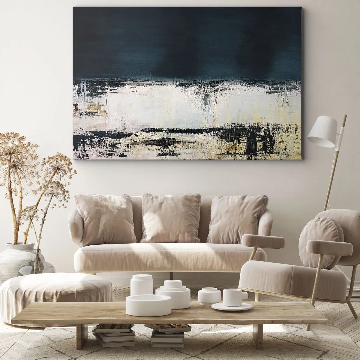 Bild auf Leinwand - Leinwandbild - Abstrakte horizontale Komposition in Marineblau- und Weißtönen - 70x50cm - Horizontale Komposition - Moderne Wanddekoration für Wohnzimmer und Schlafzimmer ARTTOR