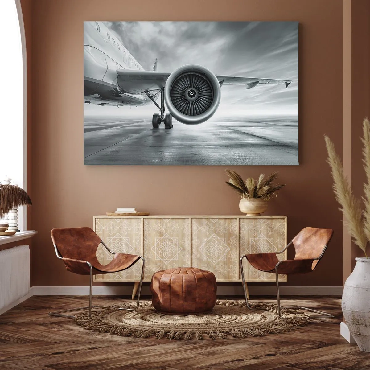 Bild auf Leinwand - Leinwandbild - Das Düsentriebwerk eines Flugzeugs auf dem Rollfeld - 120x80cm - Die Macht ist da! - Moderne Wanddekoration für Wohnzimmer und Schlafzimmer ARTTOR
