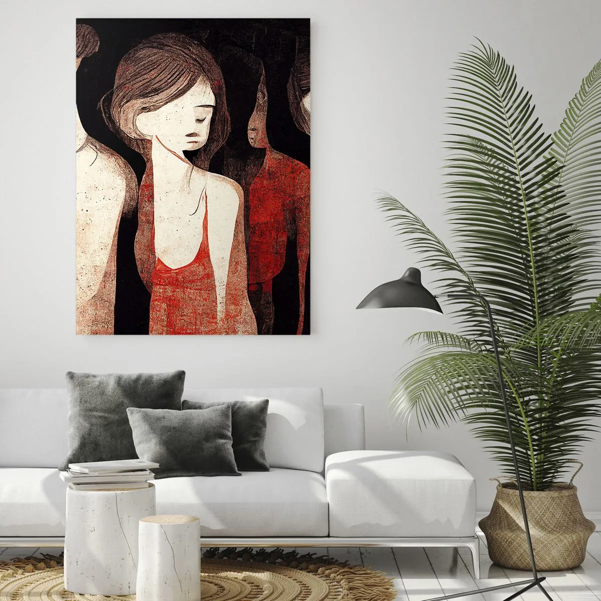 Glasbild - Bild auf glas - Abstrakte weibliche Silhouetten in Rot auf schwarzem Hintergrund - 50x70cm - Madonnen der Dunkelheit - Moderne Wanddekoration für Wohnzimmer und Schlafzimmer ARTTOR