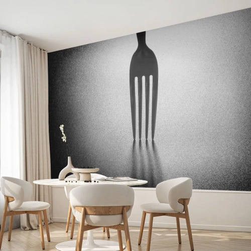 Fototapete Premium Sand - Schwarz-Weiß-Komposition mit einer Gabel und ihrem Schatten im Licht - 100x70cm - Licht und Schatten - Moderne Wanddekoration für Wohnzimmer und Schlafzimmer ARTTOR