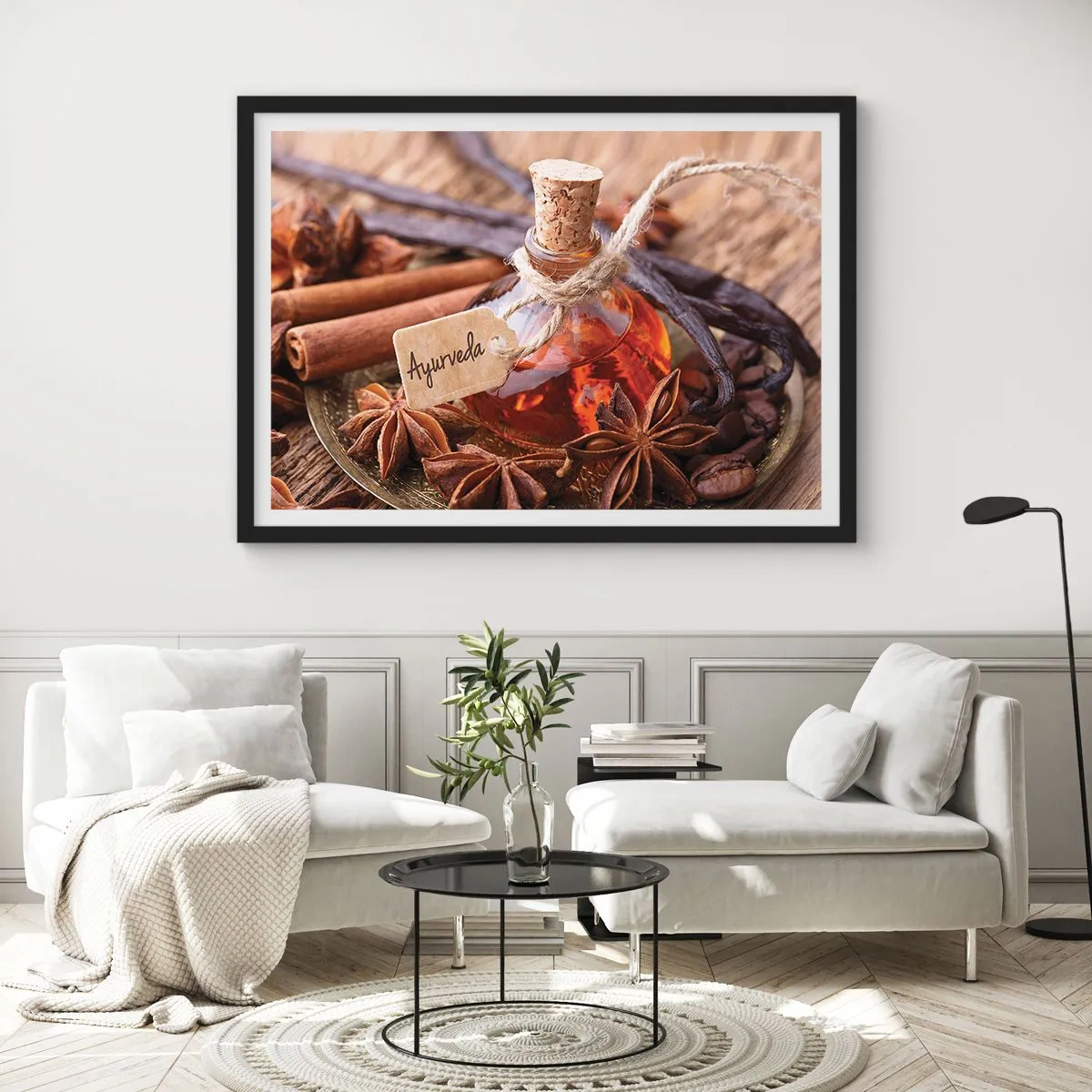Poster in einem schwarzem Rahmen - Eine Flasche Gewürzöl auf einem Tablett - 70x50cm - Zur Einheit von Körper und Geist - Moderne Wanddekoration für Wohnzimmer und Schlafzimmer ARTTOR
