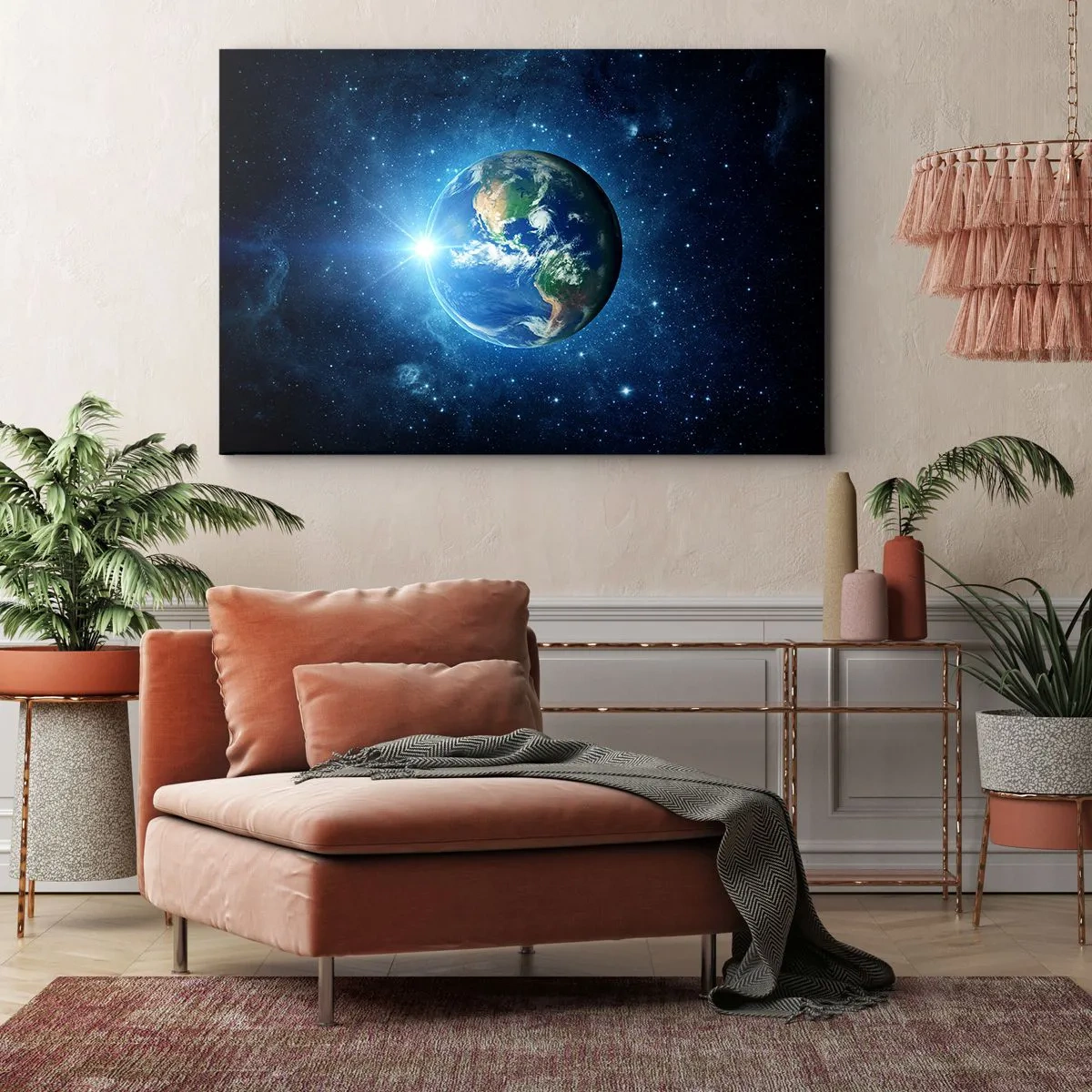 Bild auf Leinwand - Leinwandbild - Erde im Weltraum, umgeben von Sternen und Licht - 100x70cm - Wir sind im Himmel - Moderne Wanddekoration für Wohnzimmer und Schlafzimmer ARTTOR