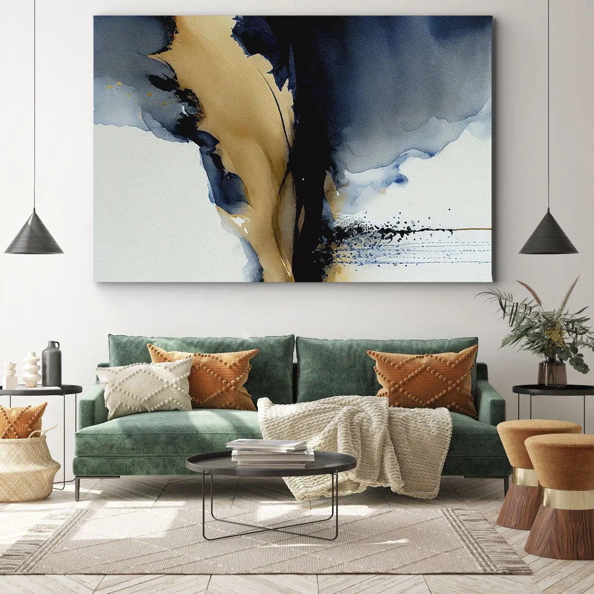 Bild auf Leinwand - Leinwandbild - Eine abstrakte Komposition in Marineblau- und Goldtönen - 70x50cm - Hinter dem Vorhang - Moderne Wanddekoration für Wohnzimmer und Schlafzimmer ARTTOR