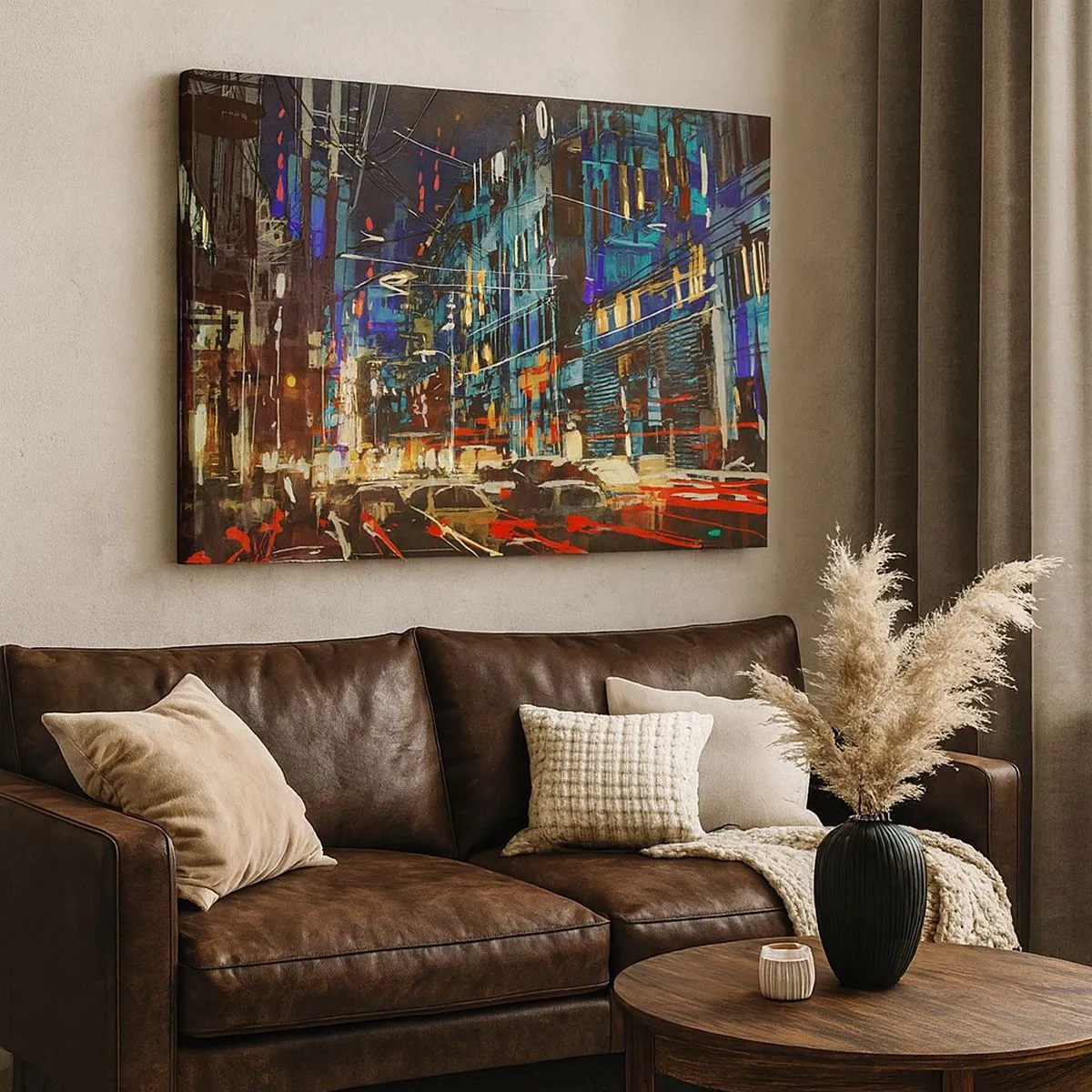 Bild auf Leinwand - Leinwandbild - Stadtnachtszene mit Neonlichtern - 70x50cm - Abendlicher Straßentrubel - Moderne Wanddekoration für Wohnzimmer und Schlafzimmer ARTTOR