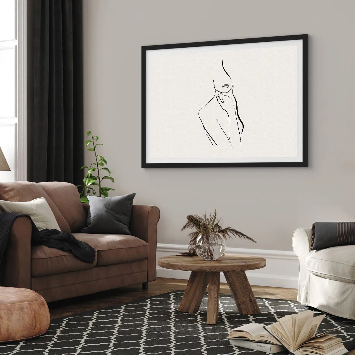 Poster in einem schwarzem Rahmen - Eine minimalistische Skizze der Silhouette einer Frau vor hellem Hintergrund. - 70x50cm - Eine Welle der Melancholie - Moderne Wanddekoration für Wohnzimmer und Schlafzimmer ARTTOR