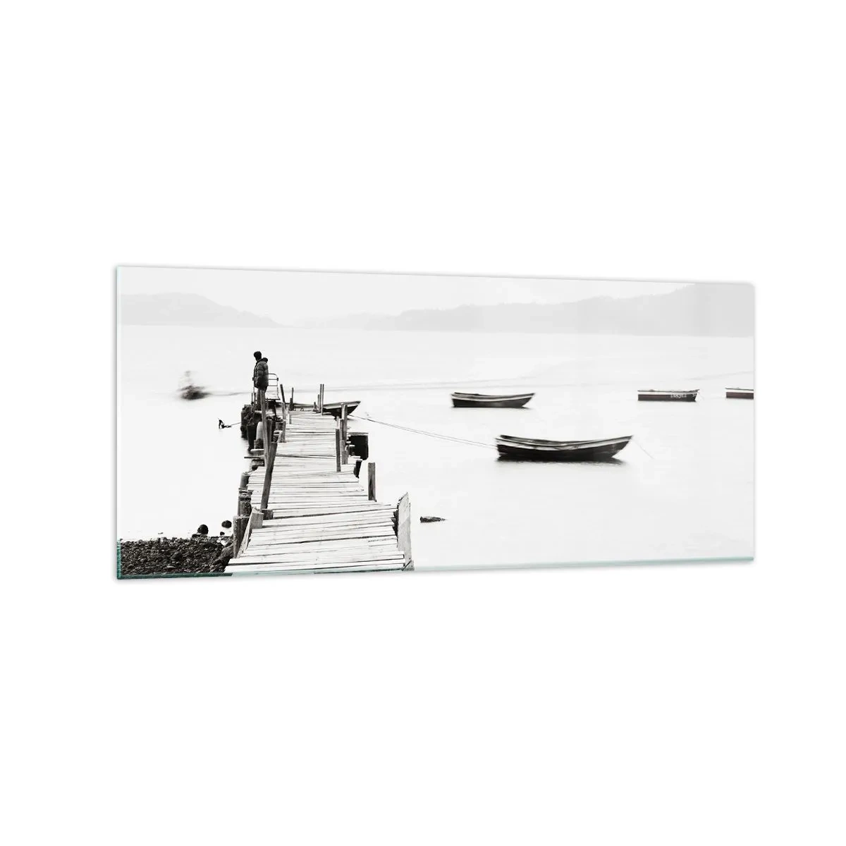 Glasbild - Bild auf glas - Holzsteg und Boote auf ruhigem Wasser - 120x50cm - Ruhig und sauber über dem Wasser - Moderne Wanddekoration für Wohnzimmer und Schlafzimmer ARTTOR