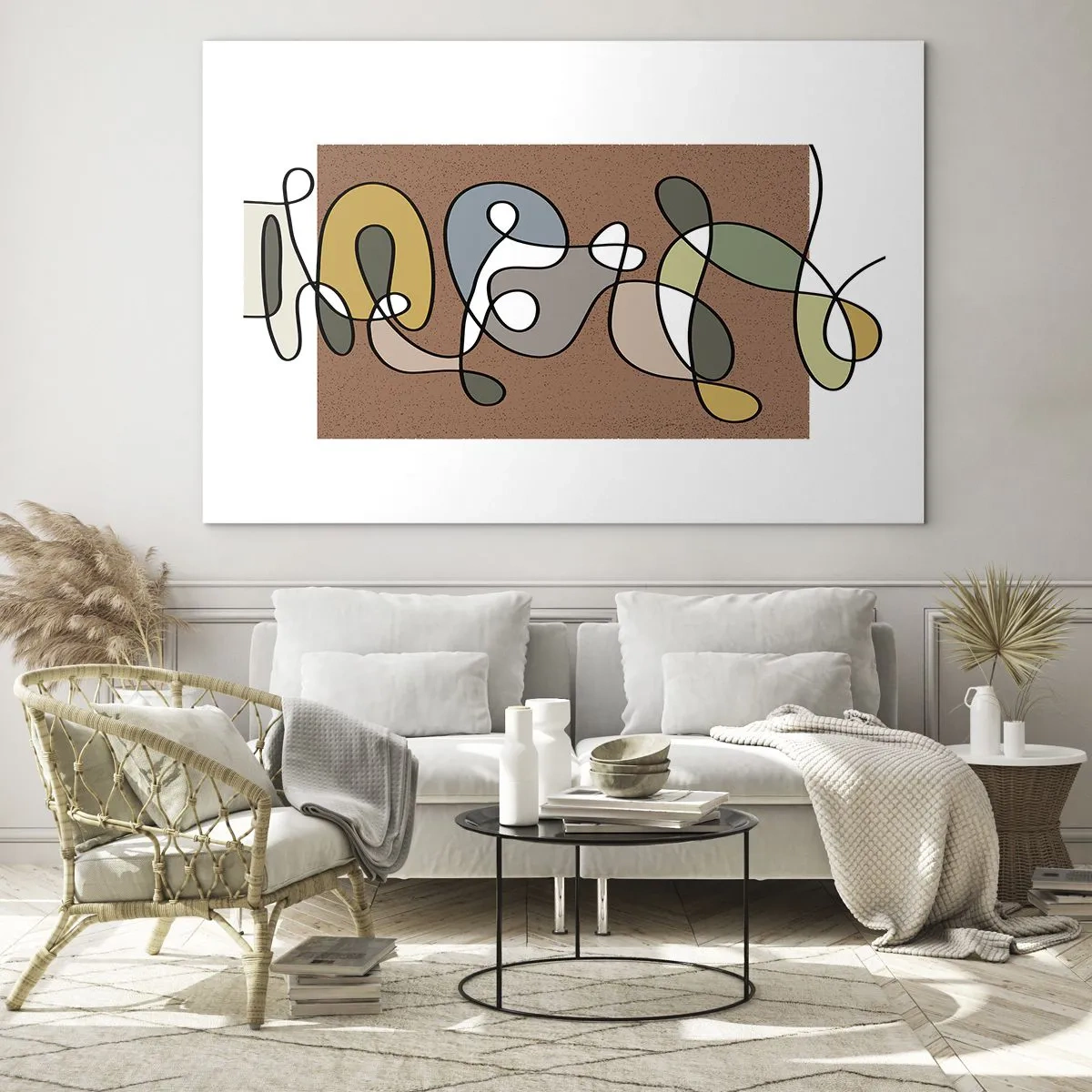 Glasbild - Bild auf glas - Bunte Abstraktion mit einer schwarzen Linie auf braunem Hintergrund - 100x70cm - Abstraktion, die ein Lächeln wert ist - Moderne Wanddekoration für Wohnzimmer und Schlafzimmer ARTTOR