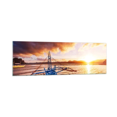 Glasbild - Bild auf glas - Blaues Boot am Strand bei Sonnenuntergang - 160x50cm - Nach einem Tag sich im Sand ausstrecken - Moderne Wanddekoration für Wohnzimmer und Schlafzimmer ARTTOR