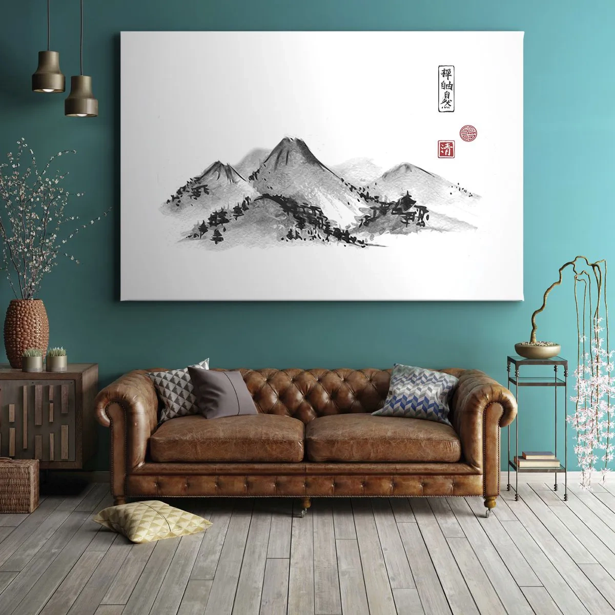 Bild auf Leinwand - Leinwandbild - Traditionelle Berglandschaft im Stil der japanischen Tuschemalerei - 120x80cm - Unendliche Fernen - Moderne Wanddekoration für Wohnzimmer und Schlafzimmer ARTTOR