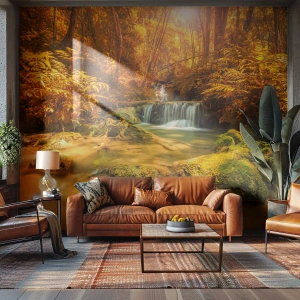 Selbstklebende Fototapete Deluxe Sticker - Waldkaskade in Gold - Landschaft, Wasserfall, Thailand - 100x70 cm