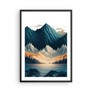 Poster in einem schwarzem Rahmen - Stilisierte Berglandschaft mit See in Blautönen - 50x70cm - Perfekte Berglandschaft - Moderne Wanddekoration für Wohnzimmer und Schlafzimmer ARTTOR
