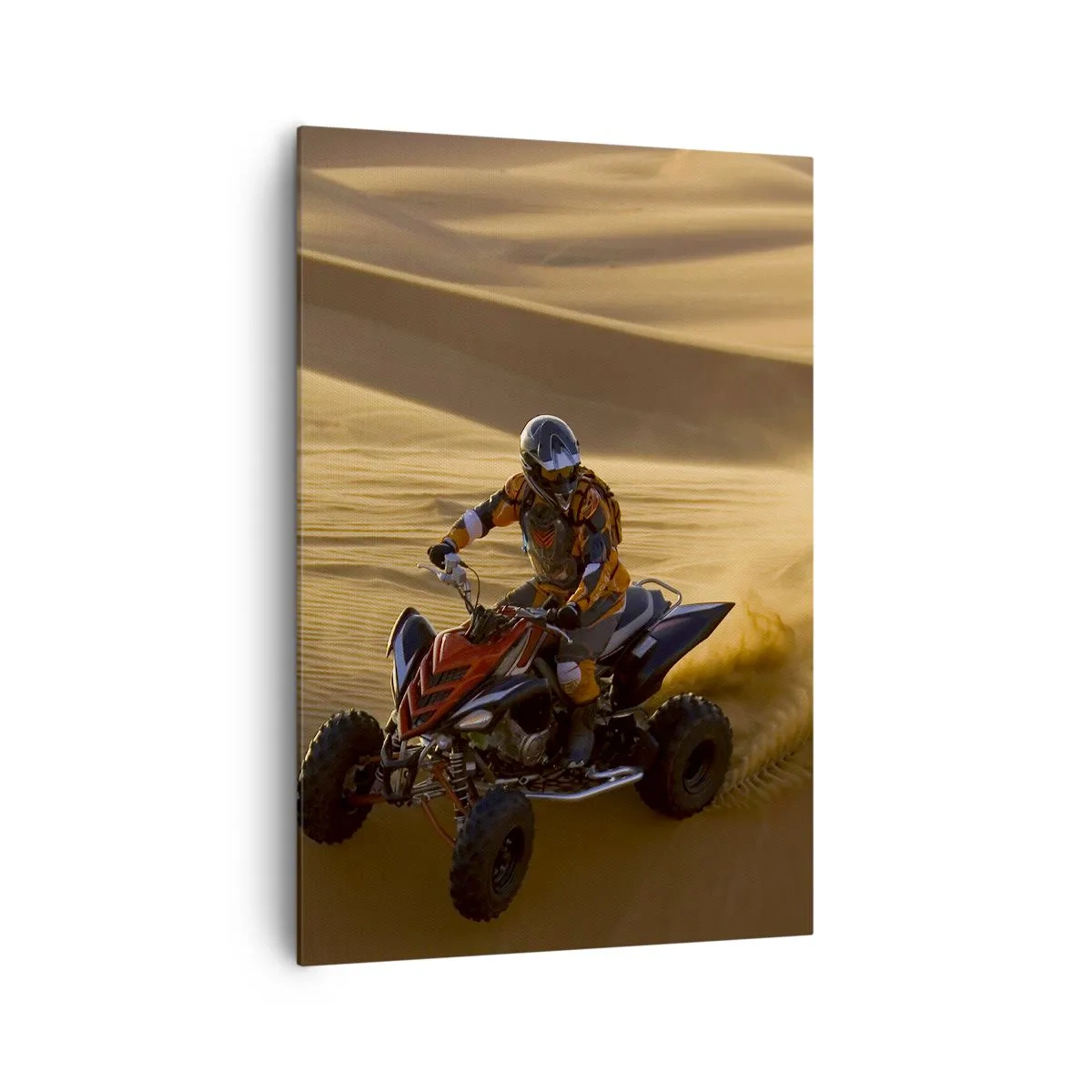 Bild auf Leinwand - Leinwandbild - Ein Motorradfahrer auf einem Quad rast über die Sanddünen der Wüste - 70x100cm - Auf den Sandwellen - Moderne Wanddekoration für Wohnzimmer und Schlafzimmer ARTTOR