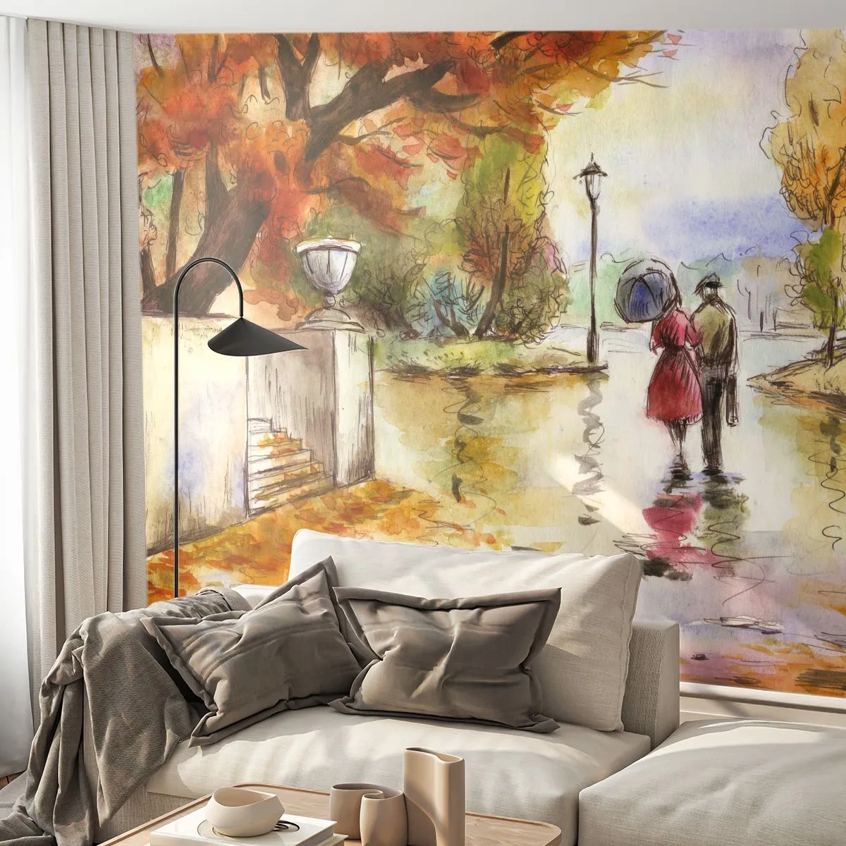Fototapete Premium Canvas - Ein Spaziergang im Herbstpark mit einem Regenschirm - 100x70cm - Romantischer Herbst im Park - Moderne Wanddekoration für Wohnzimmer und Schlafzimmer ARTTOR