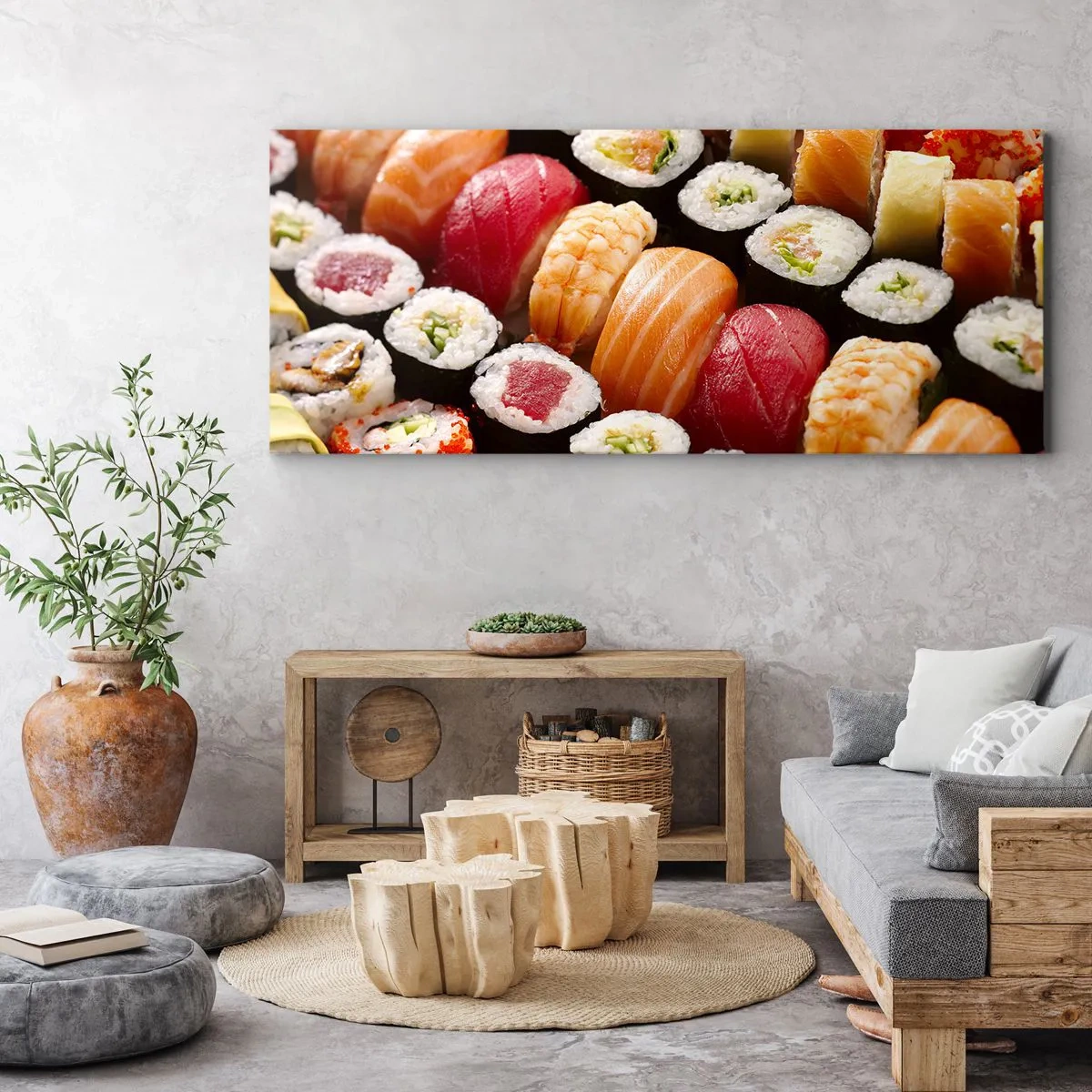 Bild auf Leinwand - Leinwandbild - Buntes Sushi in Reihen angeordnet mit verschiedenen Toppings - 120x50cm - Farben und Aromen Asiens - Moderne Wanddekoration für Wohnzimmer und Schlafzimmer ARTTOR