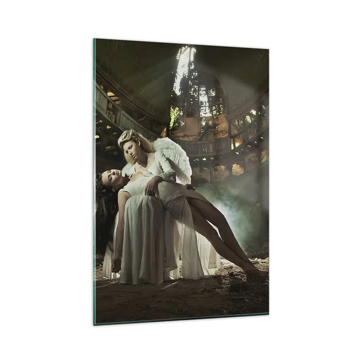 Glasbild - Bild auf glas - Zwei Figuren in Ruinen mit Lichtspiel - 80x120cm - Der Geist des alten Theaters - Moderne Wanddekoration für Wohnzimmer und Schlafzimmer ARTTOR