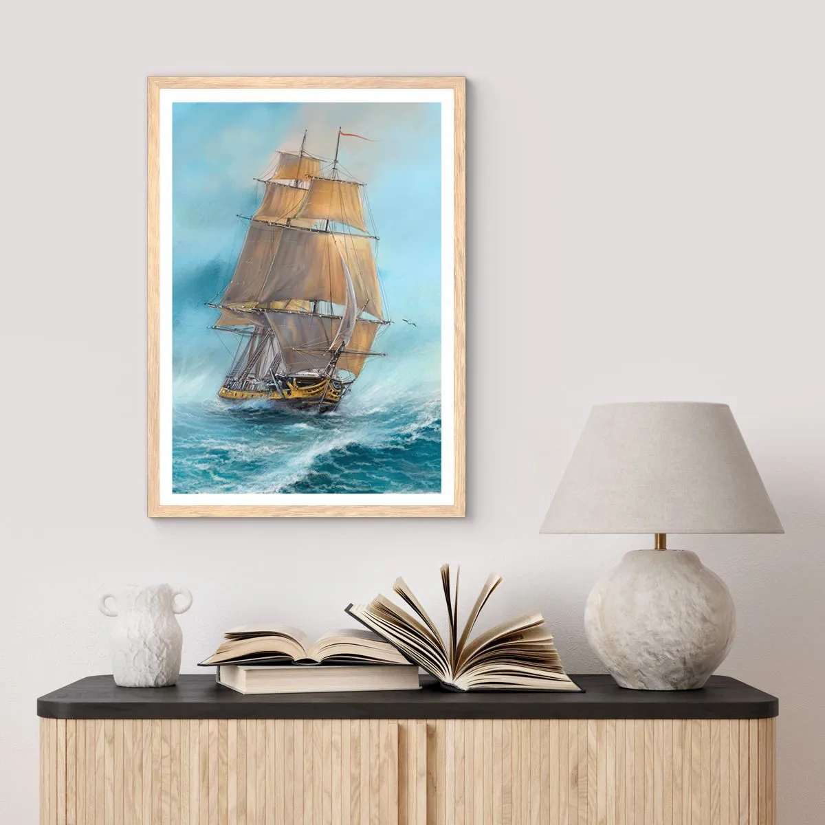 Poster in einem Rahmen aus heller Eiche - Über die Wellen gleiten - 70x100 cm