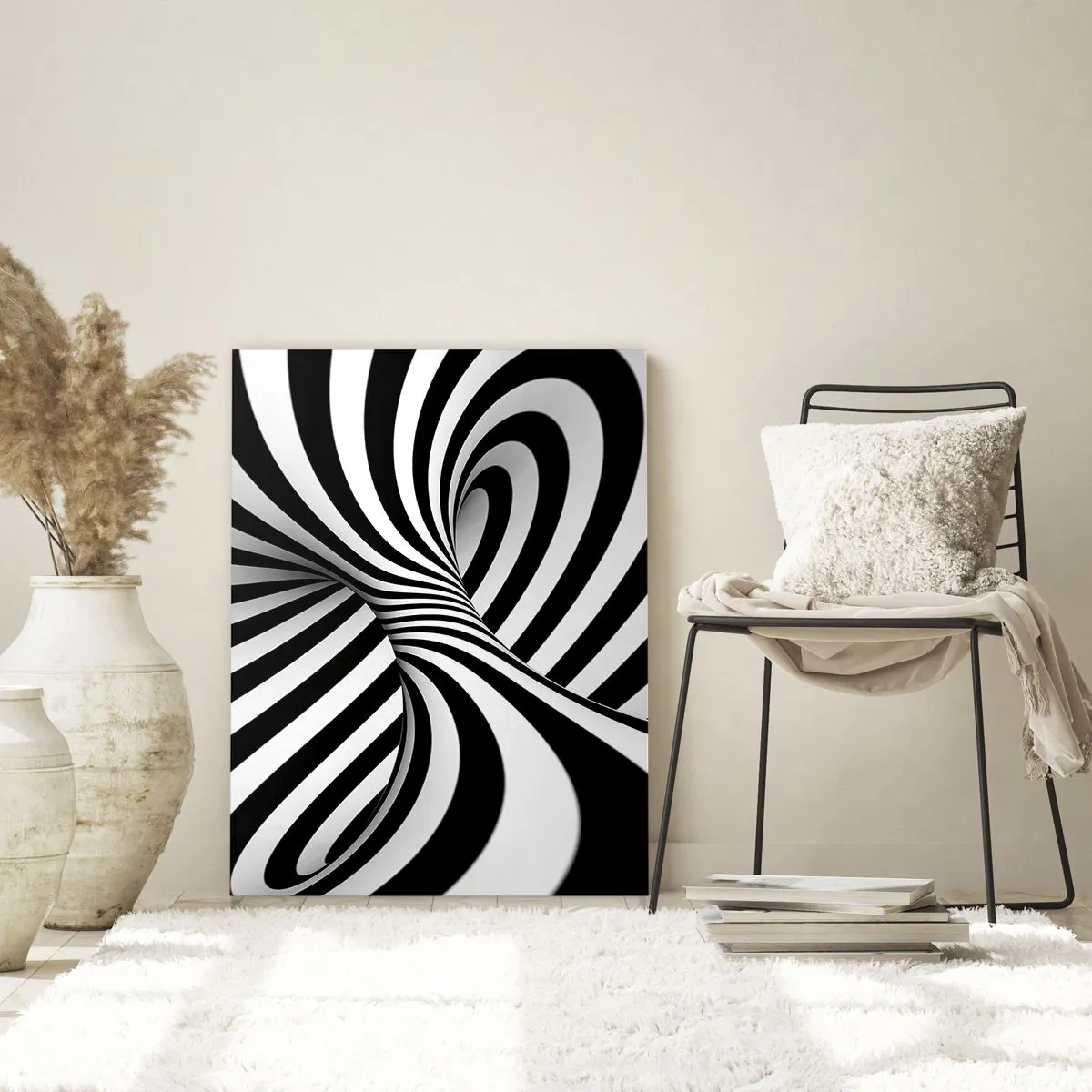 Glasbild - Bild auf glas - Eine schwarz-weiße Spirale, die einen dynamischen Raumeffekt erzeugt. - 50x70cm - Komposition: Tanzraum - Moderne Wanddekoration für Wohnzimmer und Schlafzimmer ARTTOR