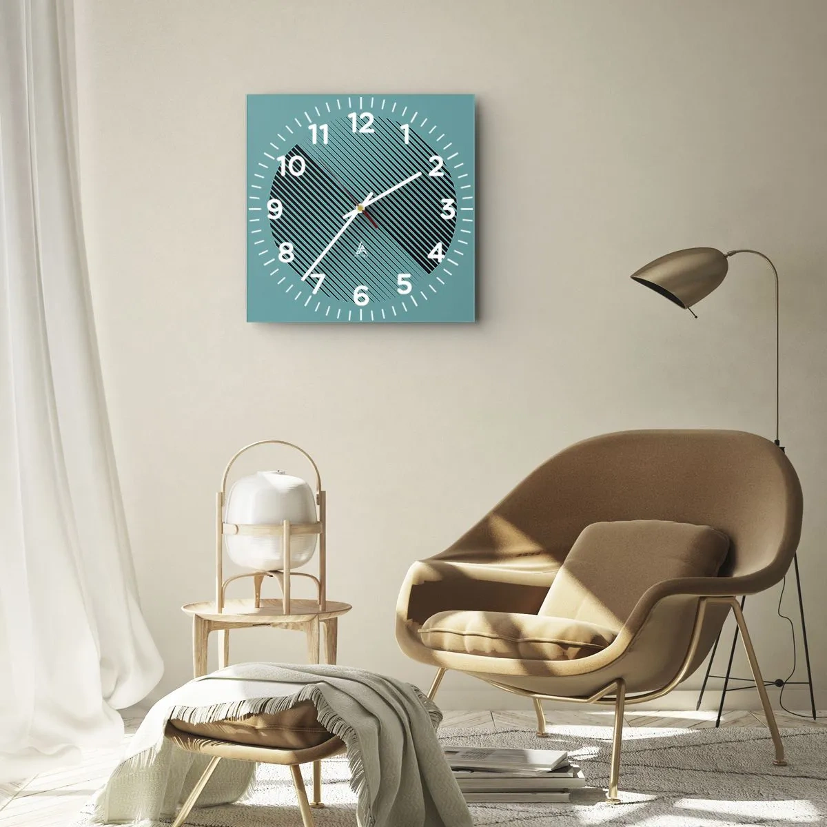 Wanduhr - Glasuhr - Ein minimalistischer Kreis mit Linien auf türkisfarbenem Hintergrund. - 30x30cm - Kreis – eine geometrische Variante - Moderne Wanddekoration für Wohnzimmer und Schlafzimmer ARTTOR