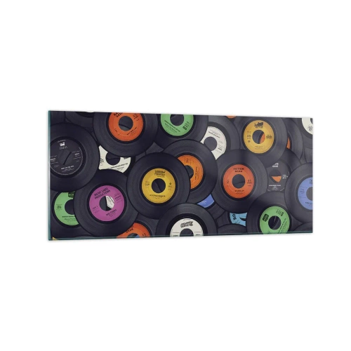 Glasbild - Bild auf glas - Bunte Vinyls übereinander gestapelt - 120x50cm - Farben der Klassiker - Moderne Wanddekoration für Wohnzimmer und Schlafzimmer ARTTOR