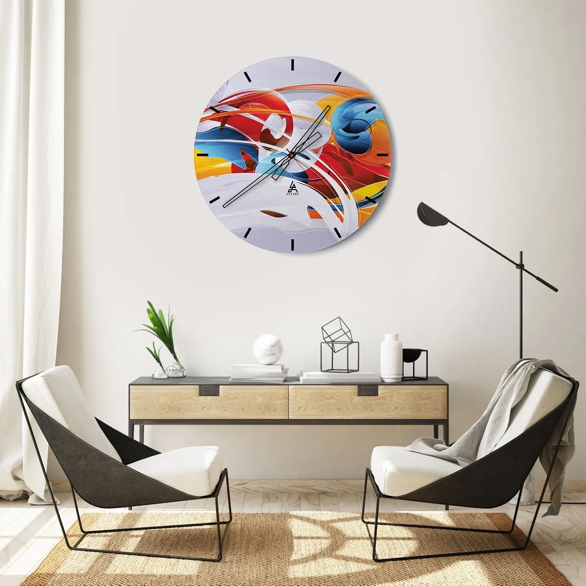 Wanduhr - Glasuhr - Abstrakte Formen in dynamischen Rot-, Blau- und Gelbtönen - 30x30cm - Der Tanz der Elemente - Moderne Wanddekoration für Wohnzimmer, Küche und Schlafzimmer ARTTOR