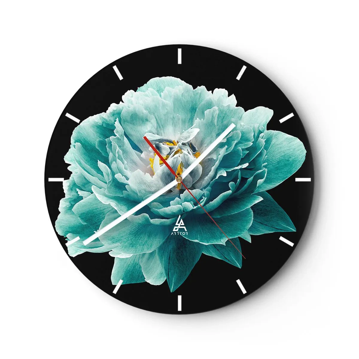 Wanduhr - Glasuhr - Türkisfarbene Pfingstrose auf schwarzem Hintergrund - 30x30cm - Blaue und goldene Blütenblätter - Moderne Wanddekoration für Wohnzimmer, Küche und Schlafzimmer ARTTOR