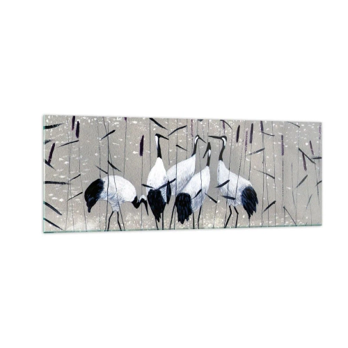 Glasbild - Bild auf glas - Reiher im Gras vor einem friedlichen Hintergrund - 140x50cm - Unter ihren eigenen - Moderne Wanddekoration für Wohnzimmer und Schlafzimmer ARTTOR