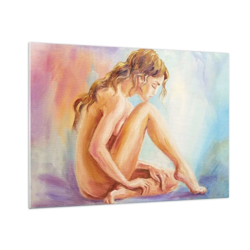Glasbild - Bild auf glas - Eine Frau in subtiler Reflexion vor einem Hintergrund in Pastellfarben - 100x70cm - Akt der Jugend - Moderne Wanddekoration für Wohnzimmer und Schlafzimmer ARTTOR