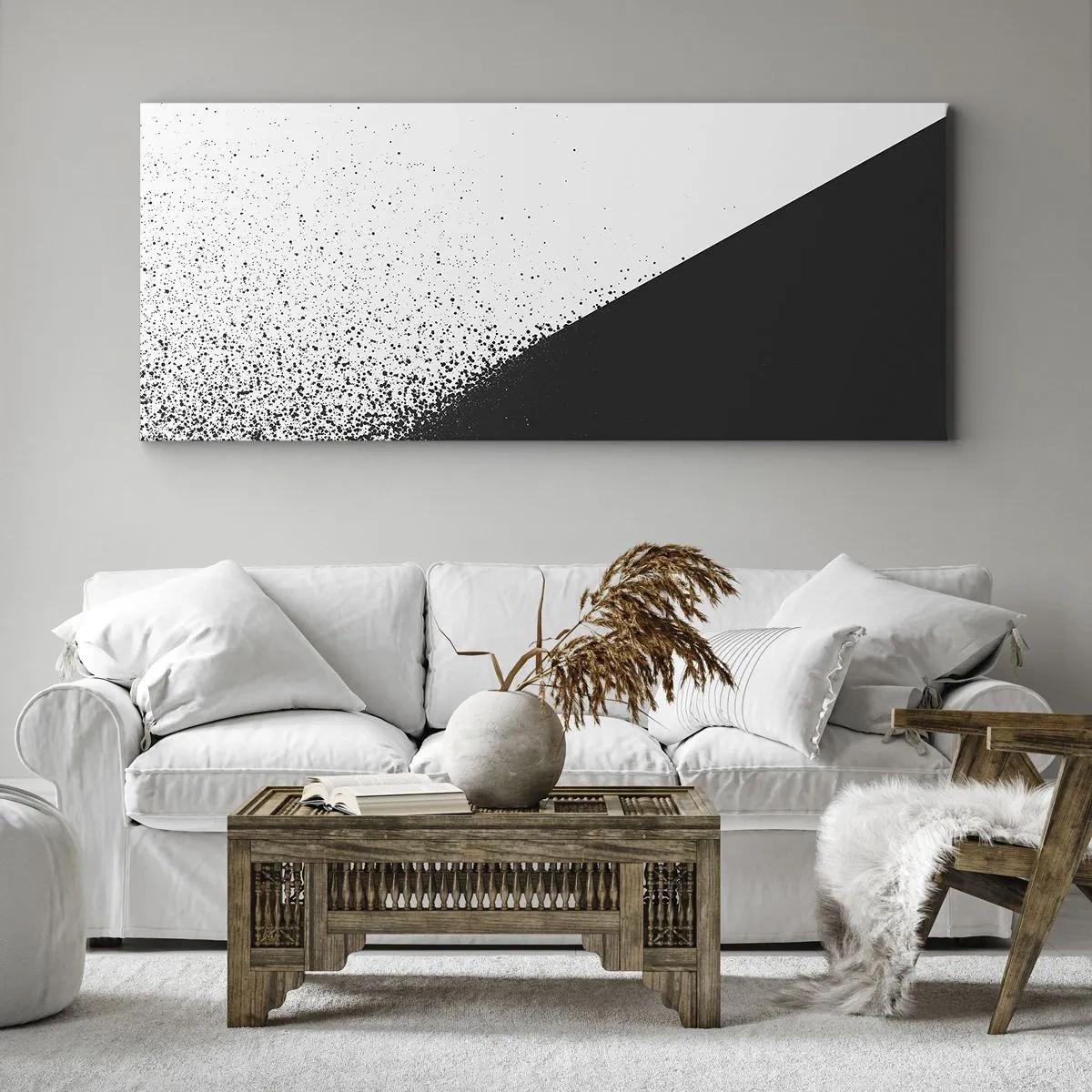 Bild auf Leinwand - Leinwandbild - Minimalistische Abstraktion in Schwarz und Weiß mit verstreuten Punkten - 140x50cm - Immer schneller, immer mehr - Moderne Wanddekoration für Wohnzimmer und Schlafzimmer ARTTOR