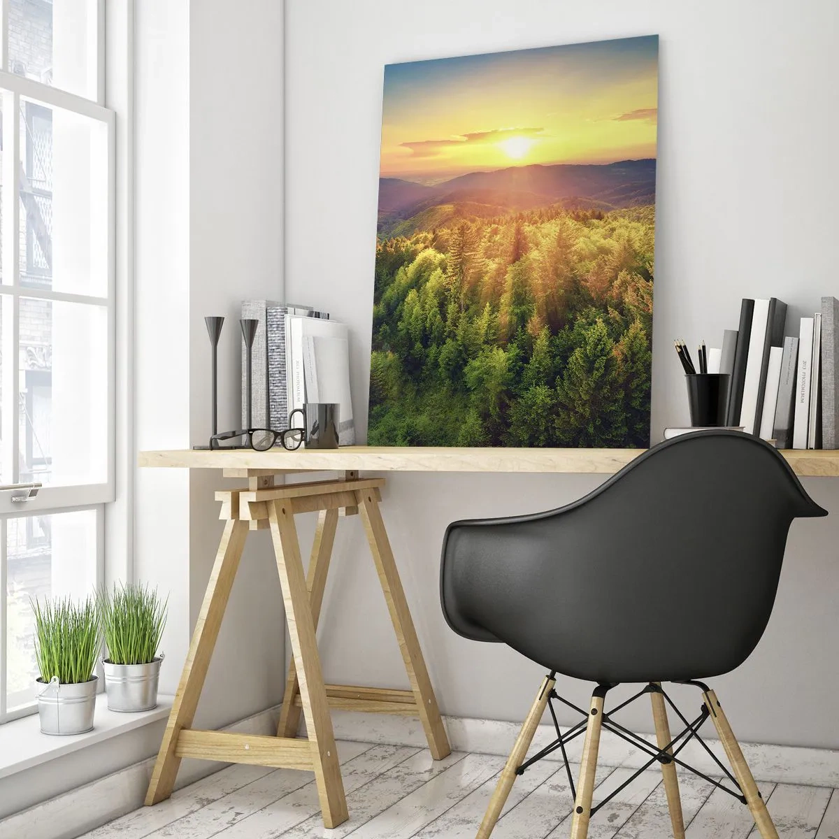 Glasbild - Bild auf glas - Waldlandschaft mit Sonnenuntergang über den Hügeln - 70x100cm - Scheitelpunkte und Spitzen - Moderne Wanddekoration für Wohnzimmer und Schlafzimmer ARTTOR