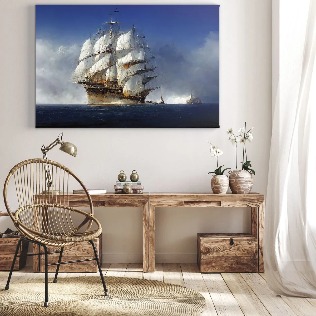 Bild auf Leinwand - Leinwandbild - Ein Segelschiff auf offener See unter blauem Himmel - 120x80cm - Der große Ruhm! - Moderne Wanddekoration für Wohnzimmer und Schlafzimmer ARTTOR