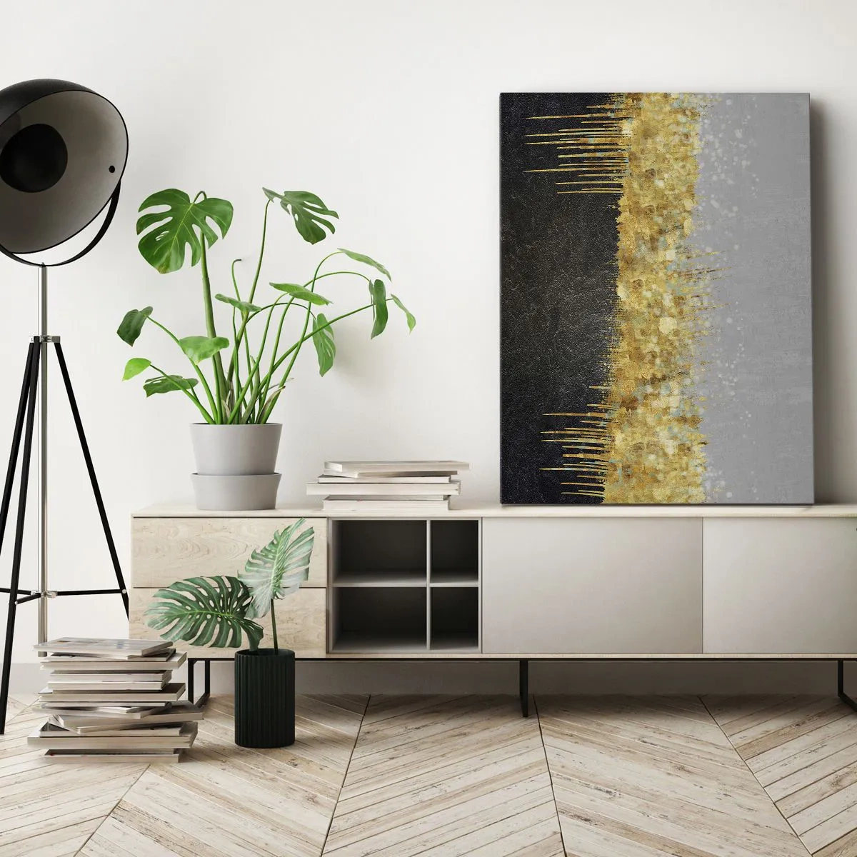 Bild auf Leinwand - Leinwandbild - Abstrakte Komposition in Gold- und Schwarztönen - 50x70cm - Nach innen und nach oben - Moderne Wanddekoration für Wohnzimmer und Schlafzimmer ARTTOR