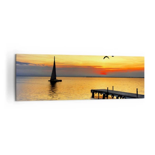 Bild auf Leinwand - Leinwandbild - Sonnenuntergang mit einem Segelboot und Pier auf einem ruhigen See - 160x50cm - Abendrückkehr - Moderne Wanddekoration für Wohnzimmer und Schlafzimmer ARTTOR