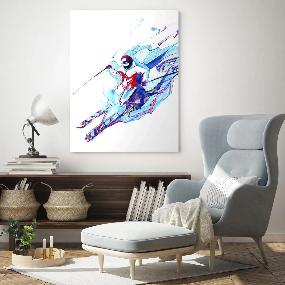 Glasbild - Bild auf glas - Eine dynamische Figur eines Skifahrers in abstrakten Farben - 50x70cm - Verrückter Ansturm vor Freude - Moderne Wanddekoration für Wohnzimmer und Schlafzimmer ARTTOR