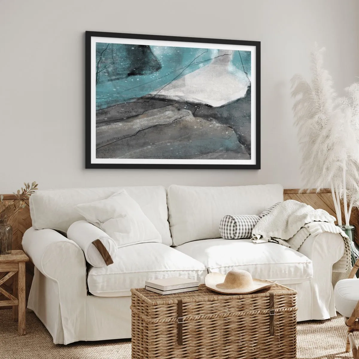 Poster in einem schwarzem Rahmen - Abstrakte Komposition in Grau- und Blautönen - 70x50cm - Abstraktion: Felsen und Eis - Moderne Wanddekoration für Wohnzimmer und Schlafzimmer ARTTOR