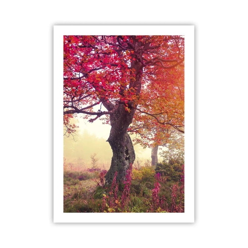 Poster - Ein Baum mit roten Blättern in einer Herbstlandschaft - 50x70cm - Blühende Raserei - Moderne Wanddekoration für Wohnzimmer und Schlafzimmer ARTTOR