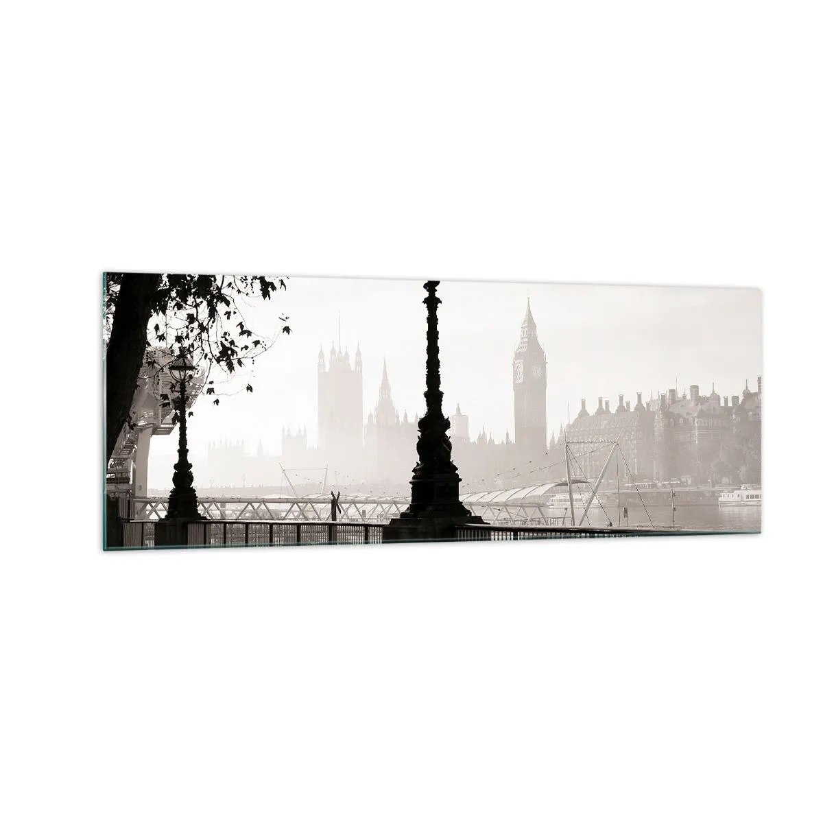 Glasbild - Bild auf glas - Eine monochrome Ansicht von Big Ben und der Themse. - 140x50cm - Londoner Morgen - Moderne Wanddekoration für Wohnzimmer und Schlafzimmer ARTTOR