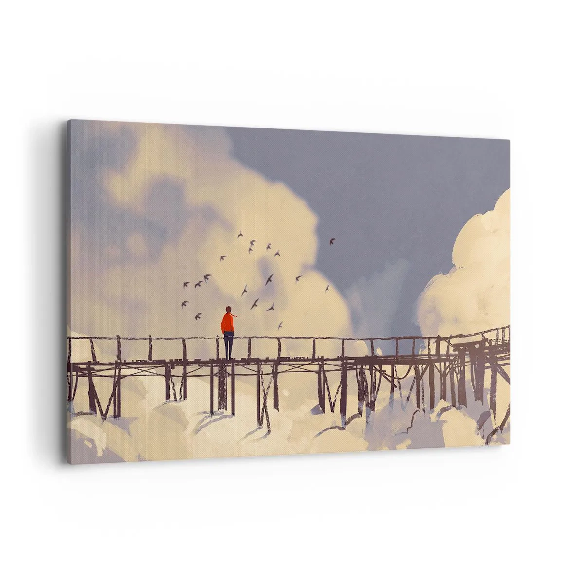 Bild auf Leinwand - Leinwandbild - Eine Figur auf einer Brücke zwischen Wolken mit Vögeln am Himmel - 100x70cm - Blaue Sehnsucht - Moderne Wanddekoration für Wohnzimmer und Schlafzimmer ARTTOR