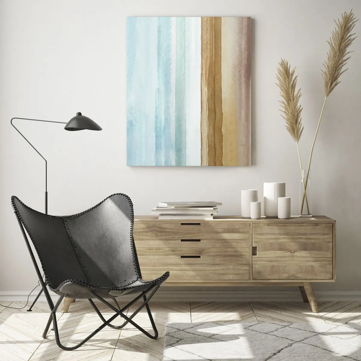 Glasbild - Bild auf glas - Abstrakte Strandlandschaft in Pastelltönen - 70x100cm - Trost - Moderne Wanddekoration für Wohnzimmer und Schlafzimmer ARTTOR