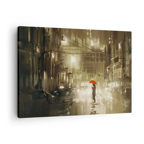 Bild auf Leinwand - Leinwandbild - Eine Figur mit einem roten Regenschirm in einer verregneten Stadt - 70x50cm - Allein aber nicht einsam - Moderne Wanddekoration für Wohnzimmer und Schlafzimmer ARTTOR