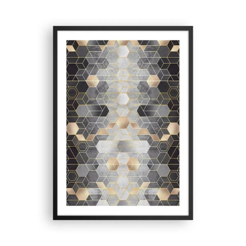 Poster in einem schwarzem Rahmen - Geometrisches Sechseckmuster in Gold- und Grautönen - 50x70cm - Diamant-Komposition - Moderne Wanddekoration für Wohnzimmer und Schlafzimmer ARTTOR