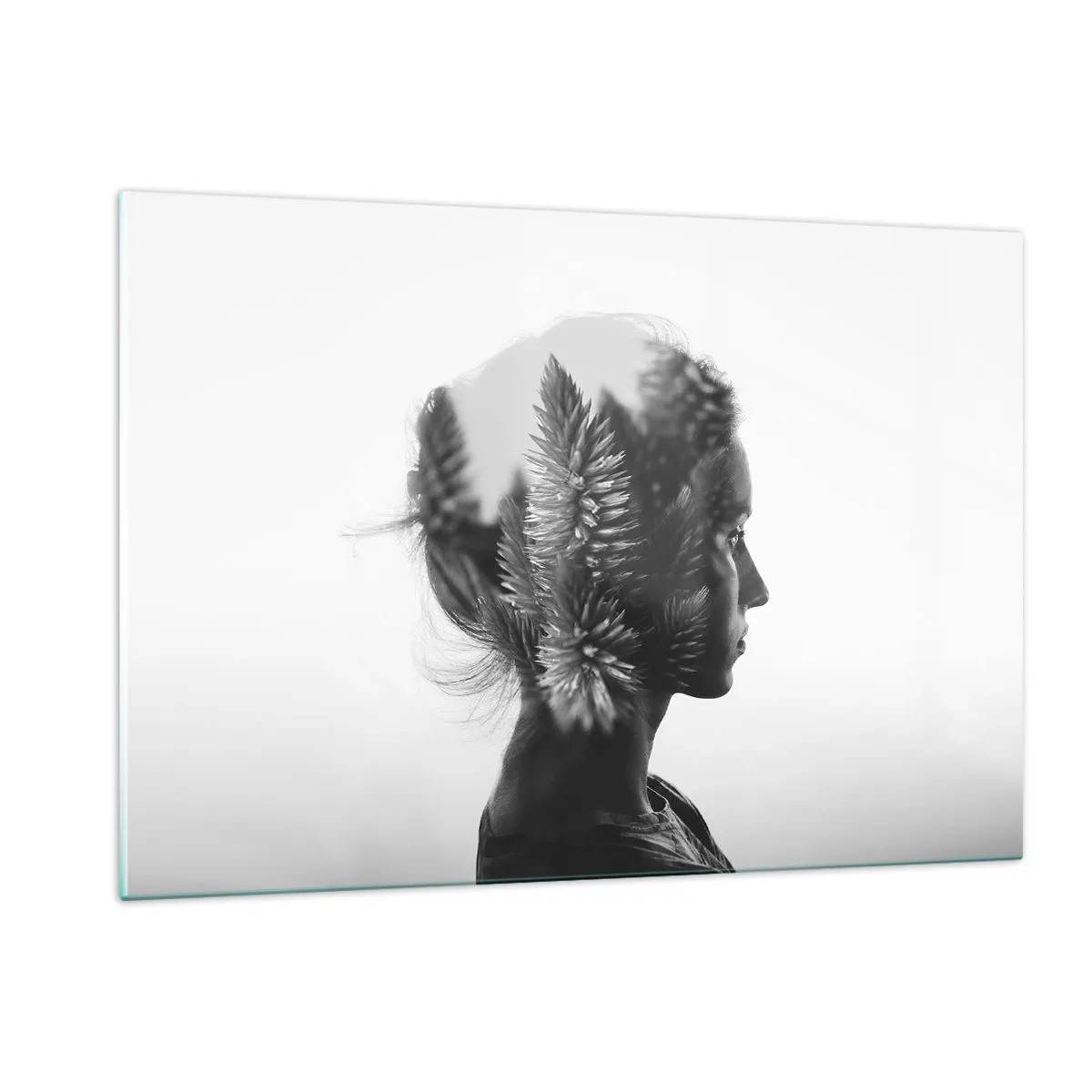 Glasbild - Bild auf glas - Eine Frau in Schwarz-Weiß mit einem darüber gelegten Nadelwaldmotiv - 120x80cm - Dame des Kiefernwaldes - Moderne Wanddekoration für Wohnzimmer und Schlafzimmer ARTTOR