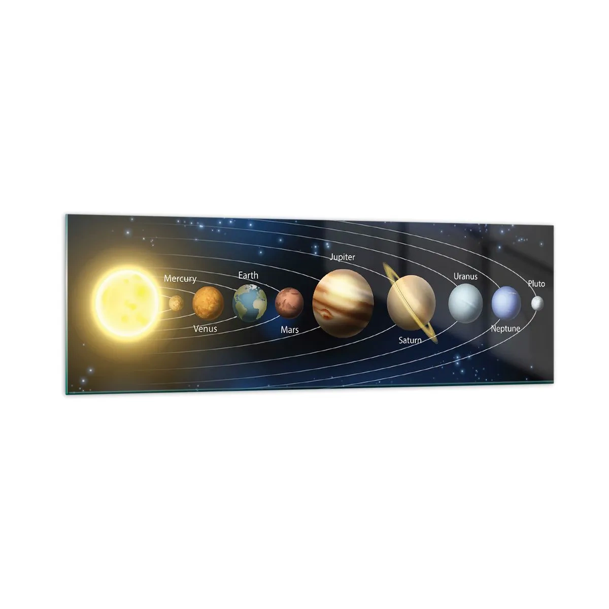 Glasbild - Bild auf glas - Diagramm des Sonnensystems mit Planeten und Sonne - 160x50cm - Einer von zehn - Moderne Wanddekoration für Wohnzimmer und Schlafzimmer ARTTOR
