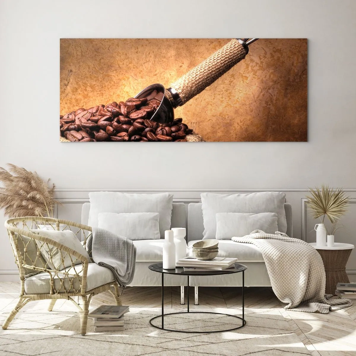 Glasbild - Bild auf glas - Kaffeebohnen in einem Jutebeutel mit einem Metalllöffel - 140x50cm - An der Quelle des Geschmacks - Moderne Wanddekoration für Wohnzimmer und Schlafzimmer ARTTOR