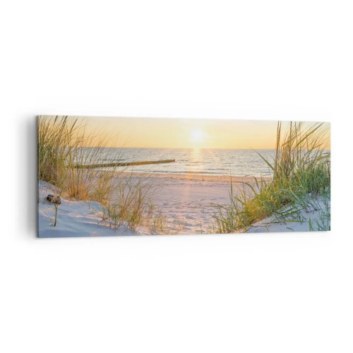 Bild auf Leinwand - Leinwandbild - Ein Sandstrand mit Blick auf den Sonnenuntergang über dem Meer - 140x50cm - Das Rauschen des Meeres, der Gesang der Vögel, ein wilder Strand im Gras ... - Moderne Wanddekoration für Wohnzimmer und Schlafzimmer ARTTOR