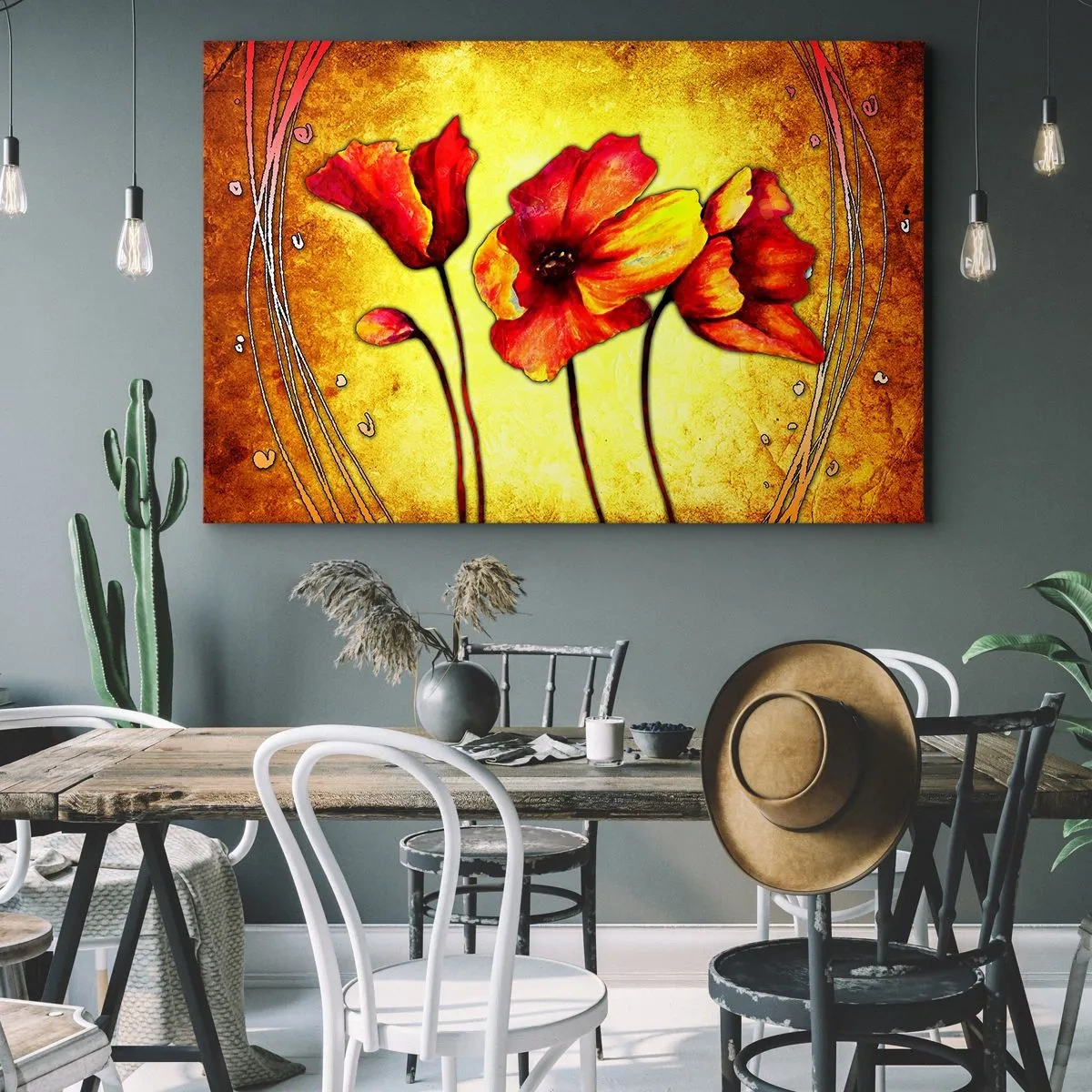 Bild auf Leinwand - Leinwandbild - Rote und gelbe Blumen auf goldenem Hintergrund mit dekorativen Mustern - 120x80cm - In Jugendstil-Dekorationen - Moderne Wanddekoration für Wohnzimmer und Schlafzimmer ARTTOR