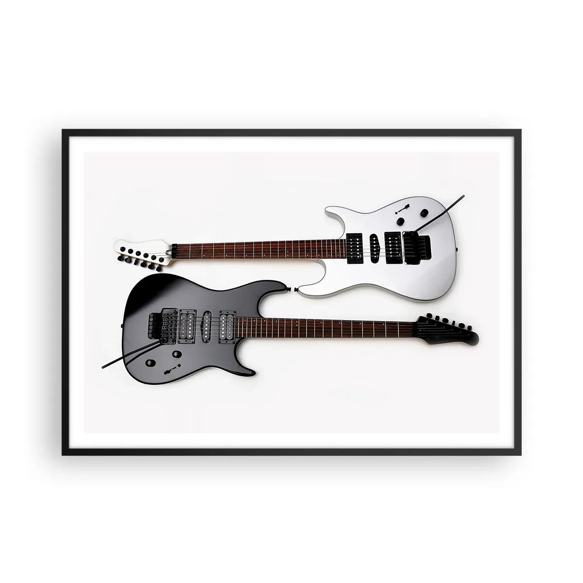 Poster in einem schwarzem Rahmen - Zwei E-Gitarren in Schwarz und Weiß auf hellem Hintergrund. - 100x70cm - Harmonie der Formen - Moderne Wanddekoration für Wohnzimmer und Schlafzimmer ARTTOR