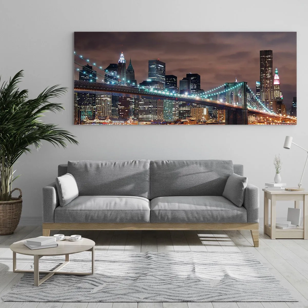 Glasbild - Bild auf glas - Die nachts beleuchtete Brücke vor dem Hintergrund des modernen Stadtpanoramas - 140x50cm - Lichter der Großstadt - Moderne Wanddekoration für Wohnzimmer und Schlafzimmer ARTTOR