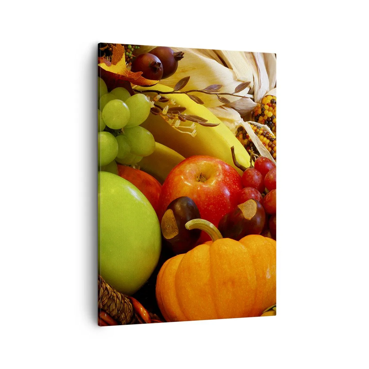 Bild auf Leinwand - Leinwandbild - Ein Korb mit Obst, Kürbissen und Mais vor einem Hintergrund aus Herbstfarben. - 50x70cm - Ein Korb voller Ernte - Moderne Wanddekoration für Wohnzimmer und Schlafzimmer ARTTOR