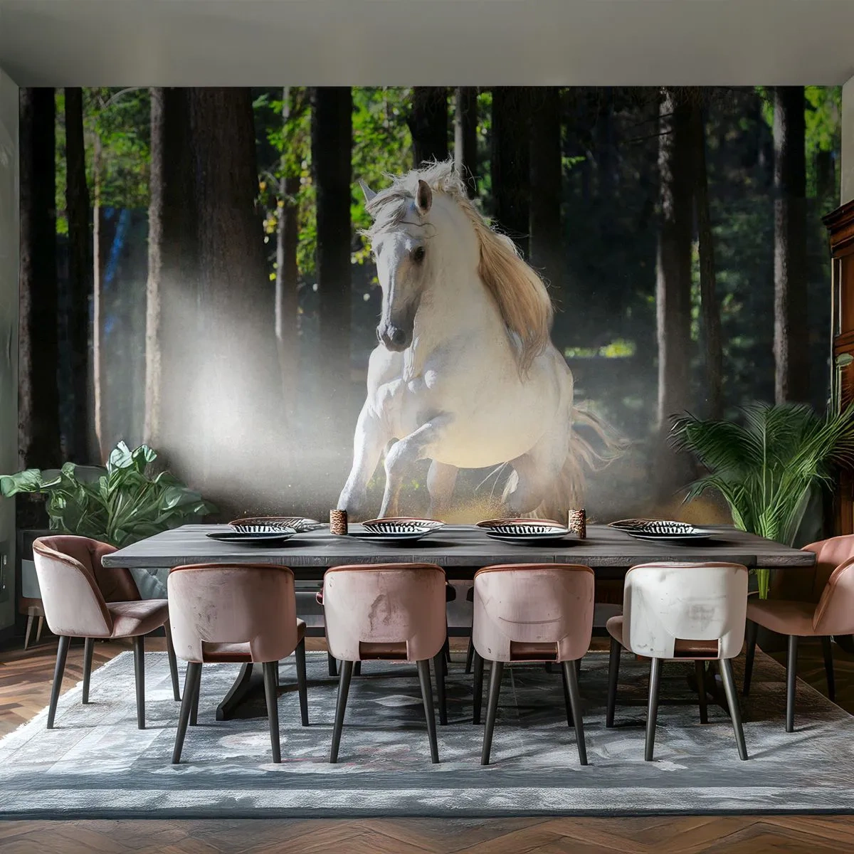 Fototapete Premium Sand - Ein weißes Pferd galoppiert durch eine Waldlichtung - 100x70cm - Wie aus einem Fantasy-Roman - Moderne Wanddekoration für Wohnzimmer und Schlafzimmer ARTTOR